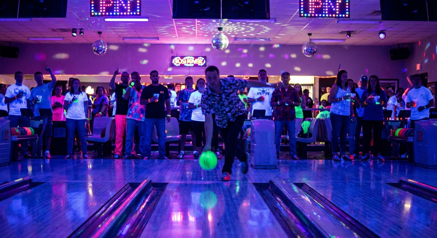 Cosmic glow bowling night at Eastern Shore Lanes — UV neon lights illuminate the lanes in purple and blue